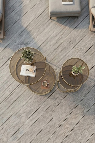 Milas Orta Ve Zigon Sehpa Seti Ø60-47 Mat Gold Metal, Temperli Bronz Cam Eskitme Bronz
