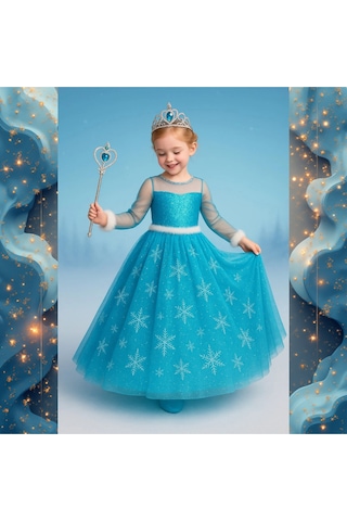 Parti Selesi Karlar Ülkesi Frozen Elsa Kostüm Mavi Tarlatanlı Uzun Kollu Elbise Kız Çocuk Kıyafet Mavi