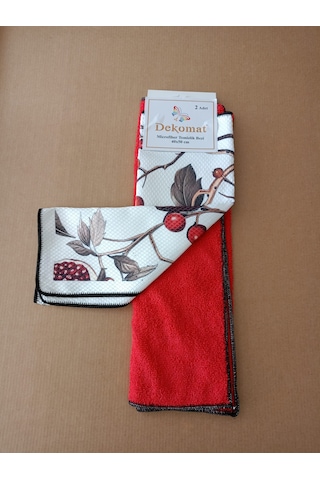 Microfiber Temizlik Bezi 40x50 Cm 2 Adet Nar Dalı Bir Adet Baskılı Bir Adet Naturel Kırmızı