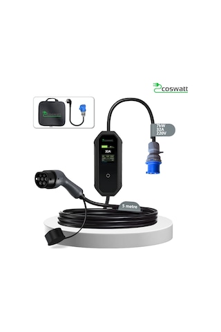 Coswatt Elektrikli Araç Taşınabilir Şarj Cihazı 7kW-32A-Tip2 Soket-Türkçe Menü-5M-3x32A Fiş-220V AC