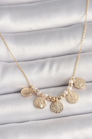 Pirinç Gold Renk 5'li Osmanlı Tuğra Figür İnci Detay Kadın Kolye Çok Renkli