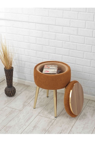 Bella Metal Ayaklı Puflu Teddy Kumaş Sehpa Altın Turuncu Gold Orange