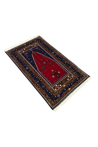El Dokuma Sıfır Yahyalı Seccade 86x140 Lacivert Kırmızı Kök Boya %100 Yün Namazlık