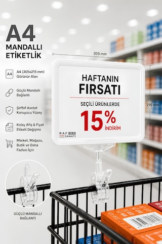 A4 Mandallı Fiyatlık Etiketlik Sepet Raf Askılık Fiyat Etiketi Çerçeveli Market Mağaza Beyaz