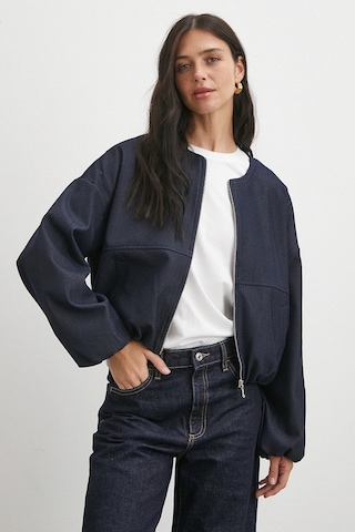 Beli Lastikli Fermuarlı Denim Görünümlü Bomber Ceket Lacivert Lacivert