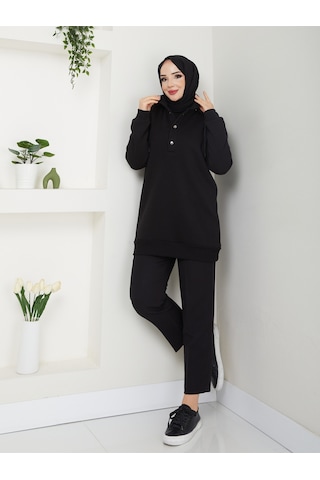 Raika Moda Kapşonlu 3 İplik Büyük Beden Tesettür Sweatshirt Siyah