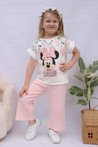 Kız Çocuk Minmause Desenli T-shirt -pamuklu Bermuda Fitilli Pantolon Alt Üst Takım Somon