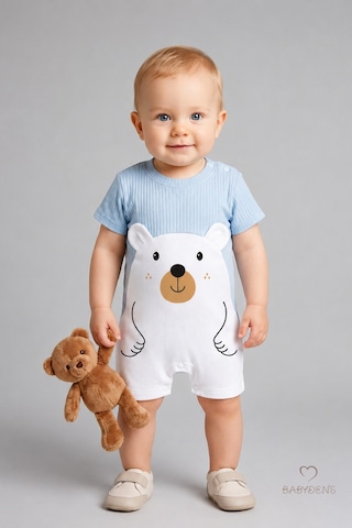 Babyden's Erkek Bebek Ayıcık Baskılı Kısa Kollu %100 Pamuk Yazlık Bebek Tulumu Yenidoğan Günlük Tulum 0-9 Ay Bebe Mavi