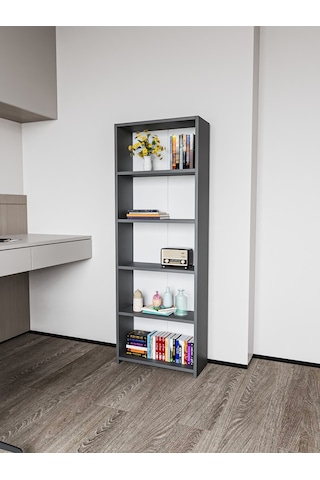Alpa Ev Mobilya 5 Raflı Kitaplık, Modern Çok Amaçlı Ahşap Ofis, Salon Ve Mutfak Raf Dolabı Antrasit
