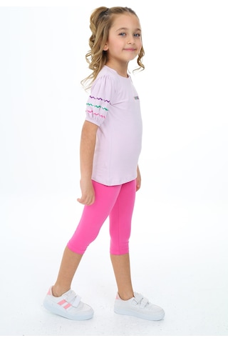 Toontoy Kids Toontoy Kız Çocuk 2'li Takım Baskılı Bisiklet Yaka Prenses Kol T-shirt & Beli Lastikli Crop Tayt Açık Lila