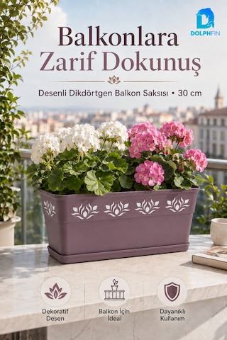 Desenli Dikdörtgen Balkon Saksısı 30x16,5x14,5 Cm Tabaklı Plastik Çiçek Saksısı Mürdüm