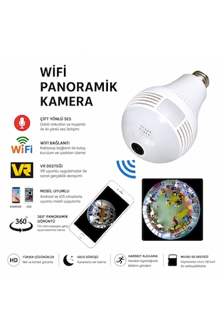 Wifi 360 Panoramik Ampul Kamera E27 Duy Uyumlu, Gece Görüşlü, Hareket Algılamalı, Çift Yönlü Ses, Micro Sd Kart Destekli Güvenlik Kamerası