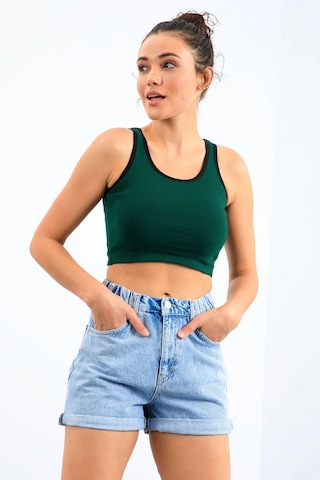 Tommy Life Yeşil Basic Sıfır Kol Dar Kalıp U Yaka Kadın Crop Top Atlet - 97162 Yeşil