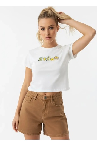 Park Karon 26025 Pamuk Desenli Crop Boy Bisiklet Yaka Örme Bluz Ekru 38