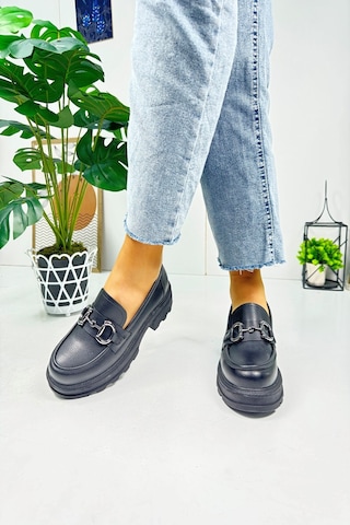 Günlük Kadın Loafer V Tokalı Kalın Topuklu Tırtıklı Tabanlı Oval Burunlu Makosen Ayakkabı 7455 - 7453 7453-siyahcilt