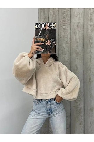 Kadın Crop Boy Yumuşacık Balon Uzun Kol Kapüşonlu Şık Kısa Sweatshirt Bej