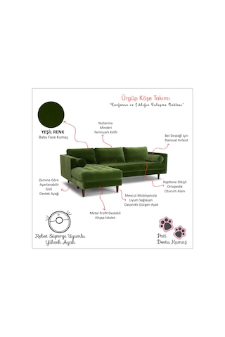 Ürgüp Yeşil Modern Köşe Koltuk Takımı Baby Face Yumuşak Leke Tutmaz Kumaş Rahat Köşe Takımı Sol Köşe Yeşil