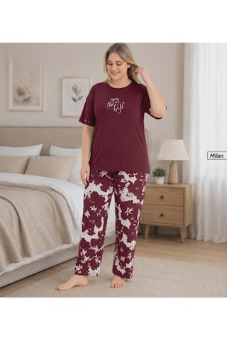 Pijamoni Kadın Milan Büyük Beden Bisiklet Yaka Kısa Kol İnce Pijama Takımı 7665/13b - 1 Adet Bordo