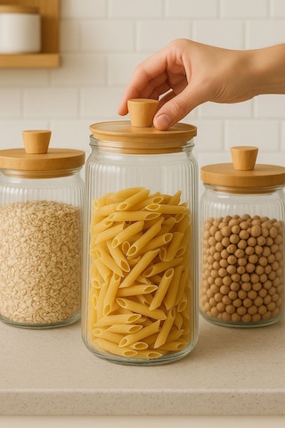3'lü Bambu Kapaklı Yivli Kavanoz Seti 1800 Ml Şeffaf