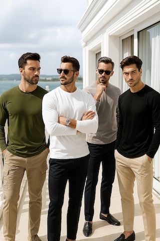 Rich Erkek Siyah-beyaz-grimelanj-haki 4'lü Paket Basic Uzun Kollu Tişört Body T-shirt Siyah