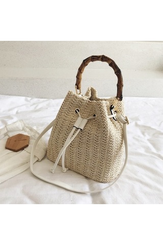 Shidai888 Hasır Çanta Omuz Messenger Çanta Bambu Kova Çanta Beyaz