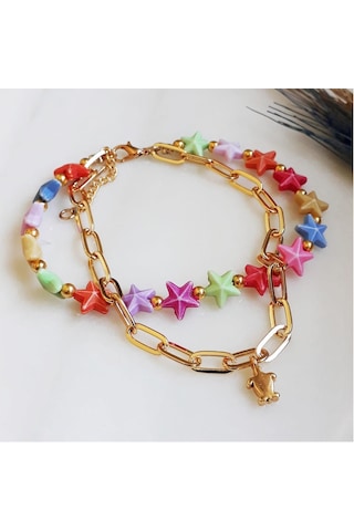 Altın Kaplama Zincir & Kaplumbağa Kadın Yıldız İkili Halhal Çok Renkli