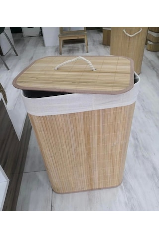 Dekoratif Kulplu Bambu Katlanır Çamaşır Sepeti 40x30x60cm Naturel 72lt Çok Renkli