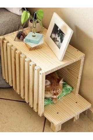 Hem Sehpa Hem Kedi Evi - Fonksiyonel Masif Ahşap Kedi Yuvası