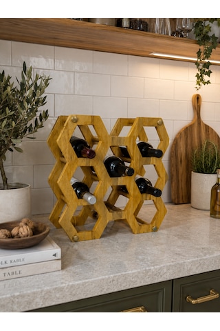 Phellos Hexagon Ahşap Şişe Standı - Dekoratif Şişe Rafı