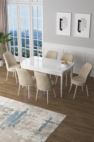 Canisa Concept Zen Serisi 80x132 Mdf Açılabilir Beyaz Mutfak Masası Takımı Ve 6 Krem Sandalye Beyaz