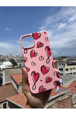 İphone 13 Pro Uyumlu Kırmızı Kalpler Tasarımlı Telefon Kılıfı - Şeker Pembe