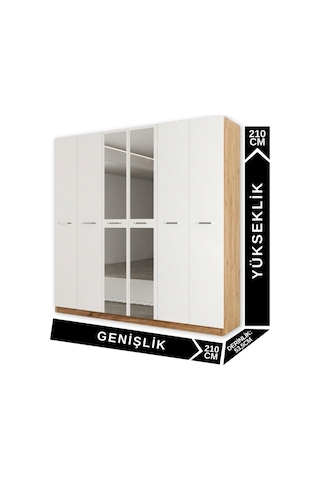 Aeka Ae-2191 Hisar Aynalı 6 Kapaklı Çok Bölmeli Askılı Ve Raflı Geniş Hacimli Gardırop 210x210 Cm Atlantik Çam - Beyaz