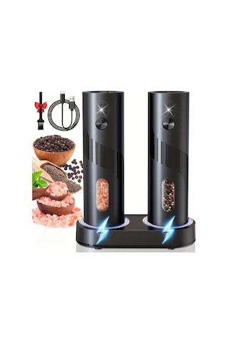 Motion003 2 Adet Üstten Doldurmalı Otomatik Elektrikli Biber Değirmeni Seti Ayarlanabilir Öğütme Kalınlığı Büyük Kapasite Ev Mutfak İçin Led Işık Ahşap