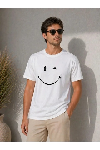 Veraura Lifestyle Erkek Minimal Gülümseyen Yüz Baskılı Tişört Kısa Kol Yazlık T-shirt - Beyaz