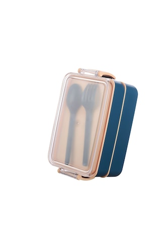Fely Çatal Kaşıklı Çift Katlı Beslenme Kabı Lunch Box Toplam 900 Ml 400 Ml Ve 500 Ml Lacivert