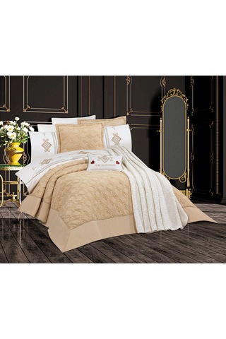 Goldroom Aysima 11 Parça Nakışlı Nevresim Takımlı Çeyiz Seti Vizon
