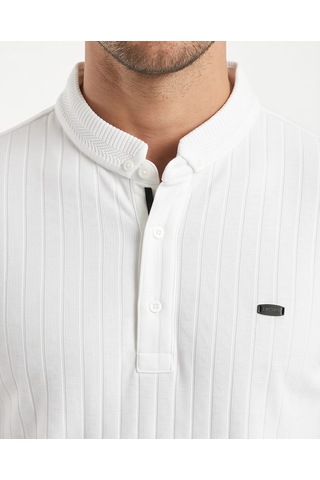 Özeniş Erkek Polo Yaka Slim Fit Çizgili Desen Kaşkorse T-shirt Beyaz