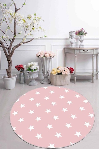 Pembe Yıldızlı Kaymaz Taban Yıkanabilir Yuvarlak Halı Ar606n11