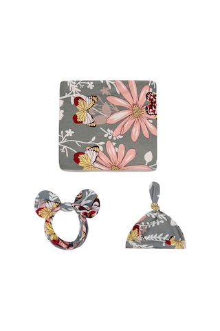 Neevoyu Bebe Bebek Battaniye Seti: Protein Lifli 80x80cm Sıcak Tutucu Battaniye + Şapka + Saç Bantı, Gri Arka Planlı Kelebek Desenli 3'lü Paket Gri