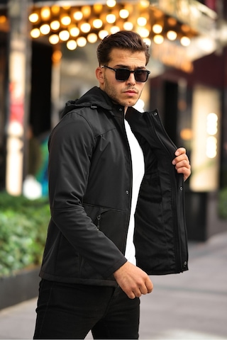 Erkek Mavi Kapüşonlu Softshell Su Ve Rüzgar Geçirmez Içi Kürklü Mont Siyah