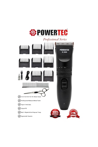 Powertec Tr-9000 Kedi Köpek Tıraş Makinesi Seti Pet Evcil Hayvan Tüy Kesme Makas Ve Metal Tarak Hediyeli 4 - 5 Saat Siyah
