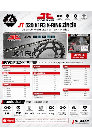Motosiklet Zinciri 520 X-ring 120 Bakla Jt X1r3 Nickel Güçlendirilmiş Zincir