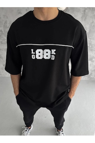 Tarz Yeri Erkek Kısa Kol Yazlık Tişört Bisiklet Yaka Baskılı Oversize T-shirt - Siyah Mor