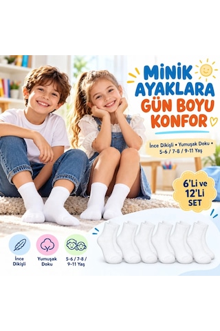 Bezos Çocuk Beyaz Çorap 12'li Set İnce Dikişli Yumuşak Nefes Alabilen Okul Günlük Rahat Çorap 5-11 Yaş Seti Ob