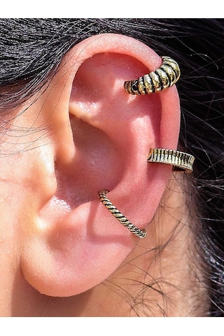 Vintage Antik 3'lü Deliksiz Ear Cuff Ayarlanabilir Kıkırdak Küpe Seti Eukk4 Sarı