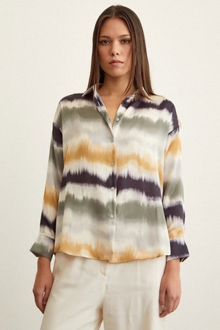 Kadın Uzun Kol Sulu Boya Desenli Renkli Pamuk Saten Premium Kalite Spor Şık Gömlek Haki