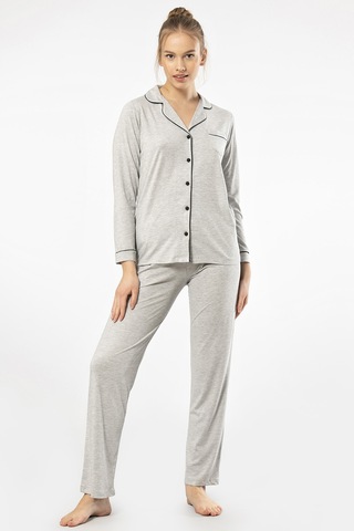 Türen 3365 Kadın Uzun Kollu Gömlek Yaka Pijama Takım-gri Gri