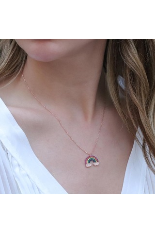 Renkli Zirkon Taşlı Gökkuşağı Rose Gold Kaplama Gümüş Kolye Gümüş