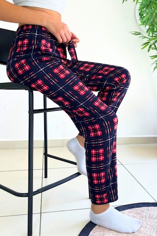 Farya Home Dreamy Soft Kadife Dokulu Ekose Kareli Süet Pijama Altı Pantolon Lacivert