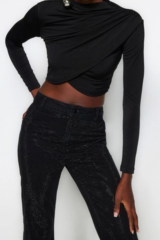 Ersefa Moda Dik Yaka Örme Slim Düz Desen Şık Gece Crop Uzun Kol Bluz siyah